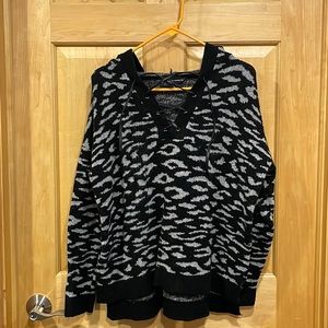 Rock & Republic black gray hooded sweater fake leather lace tie up size L